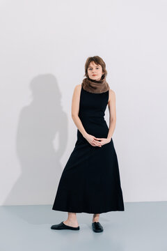 Short Hair Model in Black Fur-Collar Dress Full-Length Studio Portrait