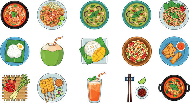 Traditional Thai Cuisine Top View Icon Set with Tom Yum, Pad Thai, Mango Sticky Rice, Satay, and Coconut Drink Vector Illustration