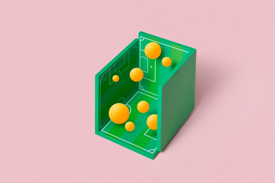 Soccer balls in green field room virtual arena