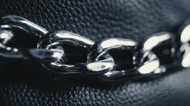 Shiny metal chain links on black pebbled leather texture