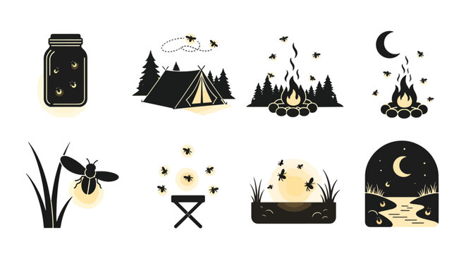 Firefly and Camping Silhouettes: A Collection of Nighttime Outdoor Scenes.