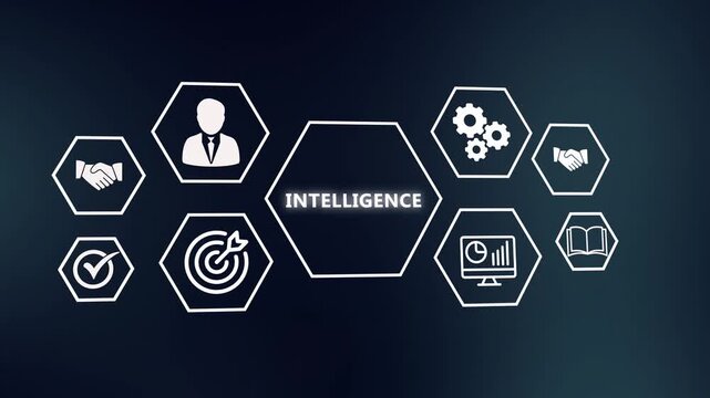 Cognitive Business Intelligence and Data-Driven Decision Framework. Tech Hexagonal Dashboard Animating Advanced Analytics, Smart Integration, and Predictive Insights.