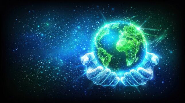Digital illustration of glowing wireframe globe held in hands representing future connectivity and global network.