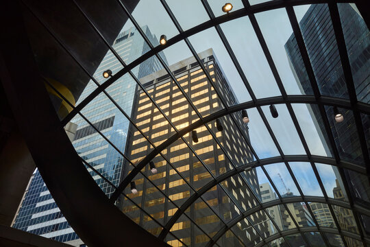 City Skyline View From Below Modern Sydney Train Station Entrance 