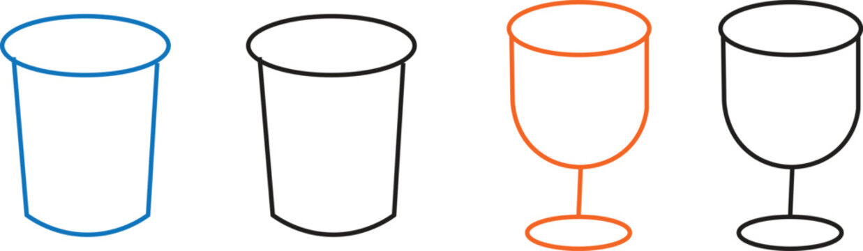 Minimalist drinkware line icons, set of 4 beverage glass and cup vector illustrations, simple outline glassware symbols for cafe menus