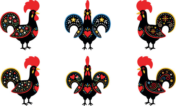 Traditional Portuguese Rooster of Barcelos Vector Icon Set with Folk Art Ornaments, Floral Elements, and Hearts for Portugal Souvenir Designs