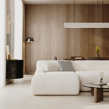 Modern living room with textured sofa and wooden wall panel, 3d