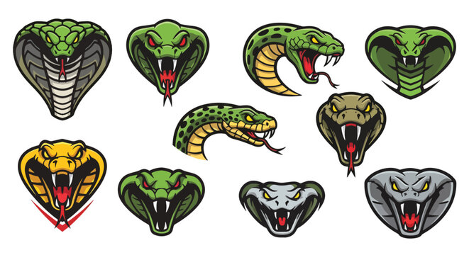 Collection of Fierce Cobra Snake Heads and Faces.
