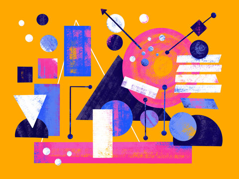 Colorful geometric shapes on bright orange background
