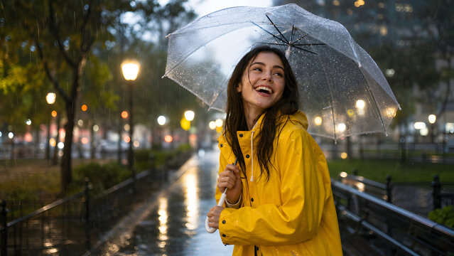 Happy woman in yellow raincoat holding a transparent umbrella walking in the rain