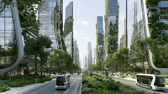 Future smart city boulevard lined with green skyscrapers, solar glass towers, autonomous shuttles, IoT-enabled infrastructure