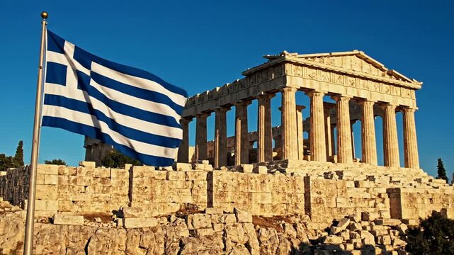 Greek flag waving proudly against the ancient parthenon temple in athens, greece acropolis