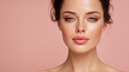 Fototapeta premium Close-Up Portrait of a Beautiful Woman with Radiant Skin and Natural Makeup Against a Soft Pink Background for Beauty and Cosmetic Themes