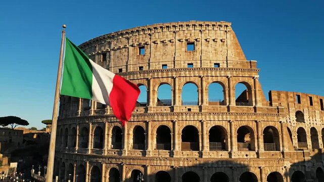 Italian flag waving proudly in front of the historic colosseum in rome, italy tricolour