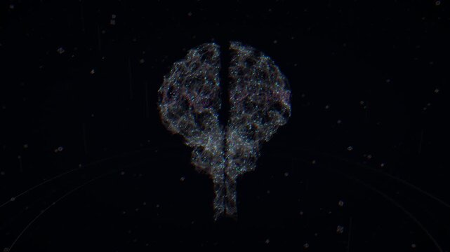 Rotating 360 view of a futuristic artificial intelligence core processing quantum data