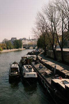 Seine River winding through Paris at sunse