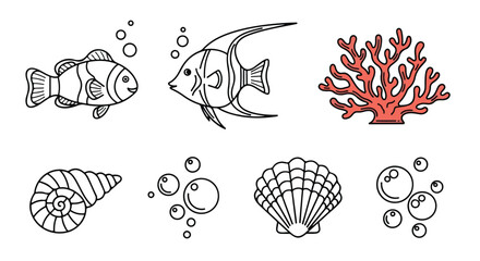 Underwater sea life vector icons, tropical fish and coral reef elements, black line art sea shells and bubbles for coloring or educational design © ronyroye