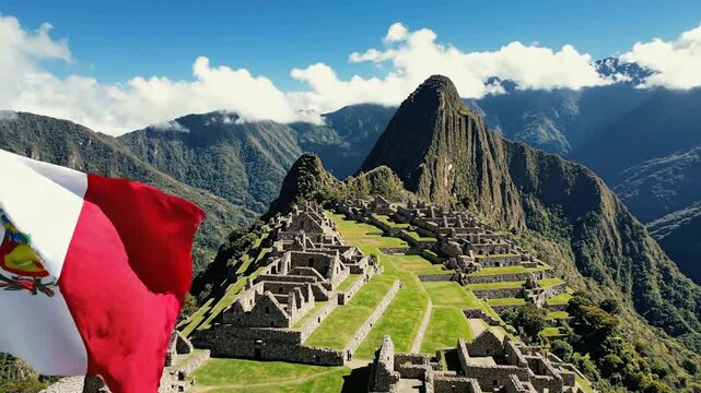 Peruvian flag waving over machu picchu ruins, iconic inca citadel landscape, travel and tourism concept