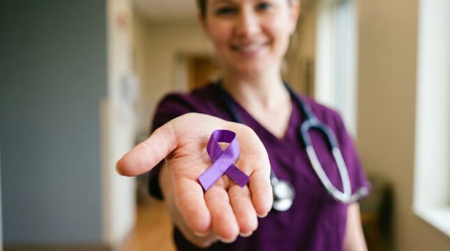 Nurse holding purple awareness ribbon showing support for various causes in medical setting.