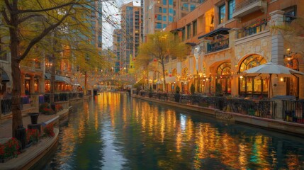 Fototapeta premium Serene Urban River Scene with Colorful Reflections and Cozy Lights in a Vibrant City with Modern Architecture and Lush Trees Along the Waterway