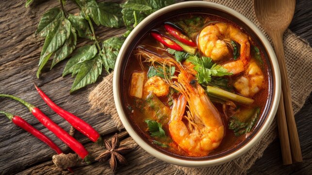 Aromatic Shrimp Soup with Fresh Ingredients and Vibrant Herbs Ideal for Culinary Inspiration and Asian Cuisine Showcase in Food Photography