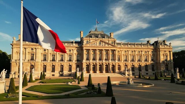 French flag waving proudly in front of historic palace architecture at sunset france tricolor national symbol