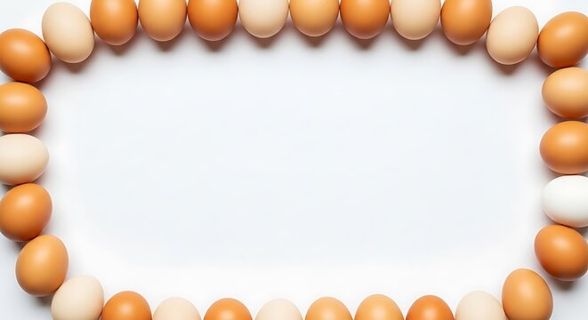 Natural brown chicken eggs frame on white background, organic farm egg border with copy space, fresh poultry product flat lay for food menu design