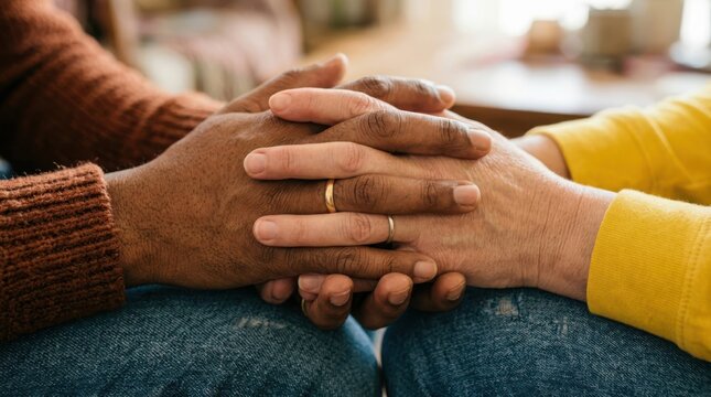 Two people joining hands together representing partnership trust connection and unity in human relationship bond.