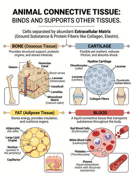 Connective tissue biology infographic showing anatomy of bone cartilage adipose fat and human blood cells