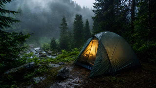 Cozy camping tent inside a lush green forest during a soft summer rain
