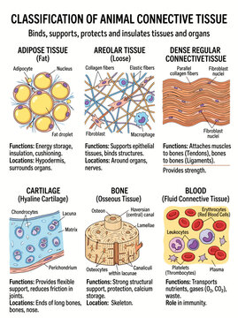 Connective tissue classification chart showing detailed biological diagrams of animal anatomy for medical and educational purposes