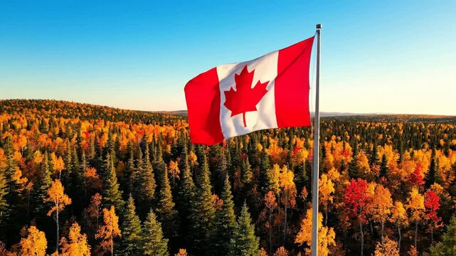 Canadian flag waving proudly over vibrant autumn forest landscape at sunset national pride and nature concept