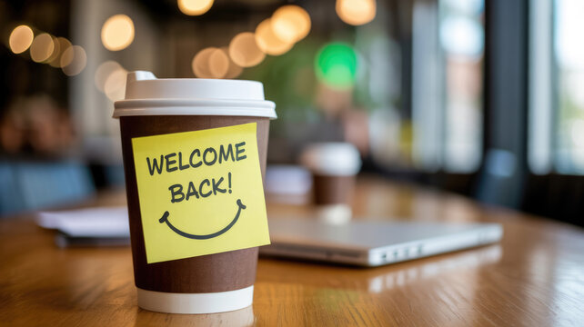 Brown disposable coffee cup with welcome back note on wooden table in office