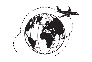 Naklejka premium Globe with airplane silhouette. Airplane silhouette flying around globe.