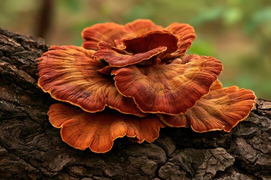 Orange shelf fungus growing on textured tree bark in a moody forest macro shot for environmental education materials