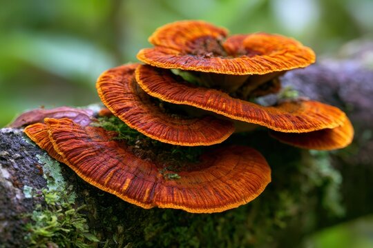 Orange shelf mushrooms growing on a mossy tree branch in a lush forest with beautiful bokeh for environmental science marketing