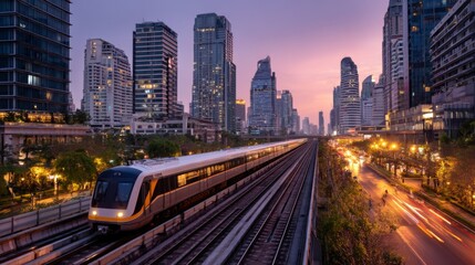 Fototapeta premium Modern Urban Skyline at Dusk with Train Moving through Cityscape, Bangkok, Thailand, Vibrant Lights Reflecting off Skyscrapers and Tracks, Night Scene