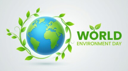 Obraz premium World environment day banner with green earth globe surrounded by leaves on light background.