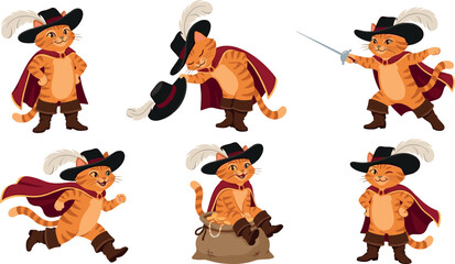 Obraz premium Orange Tabby Cat Musketeer Cartoon Character Set with Fencing Sword Bowing Running and Sitting on Gold Coin Sack Poses Vector Illustration