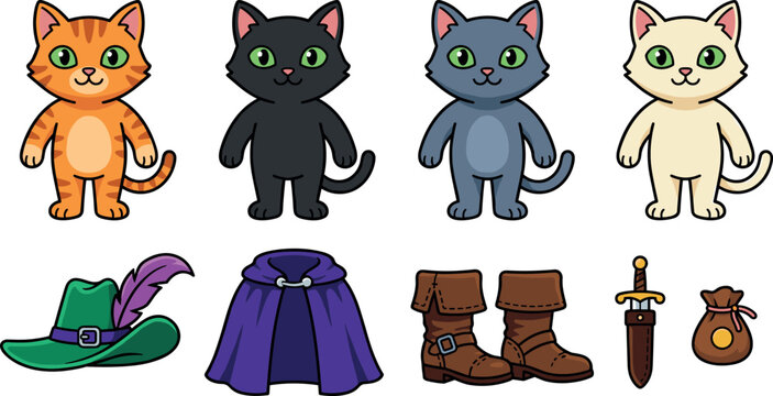 Cat Character Animation Kit with Different Furs Musketeer Hat Purple Cape Leather Boots Dagger and Money Bag Construction Vector Elements