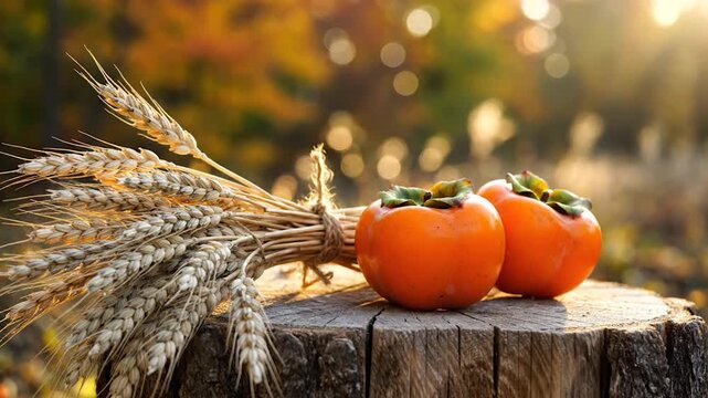 Two ripe persimmons and a wheat bundle resting on a tree stump in a sunny autumn forest