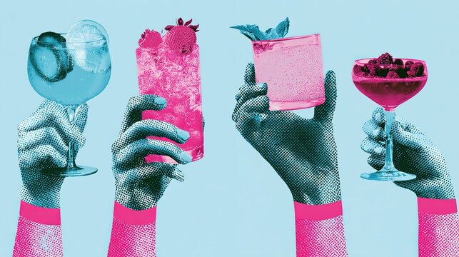 Halftone textured four hands with pink curved wrist trim holding assorted fruit infused cocktails in varied goblet glasses on pale blue base, perfect for beverage menu