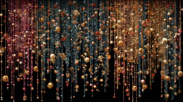 Elegant beaded curtain with black background, strands hanging vertically with reflective surfaces creating decorative texture and ambient depth for interior or artistic design.