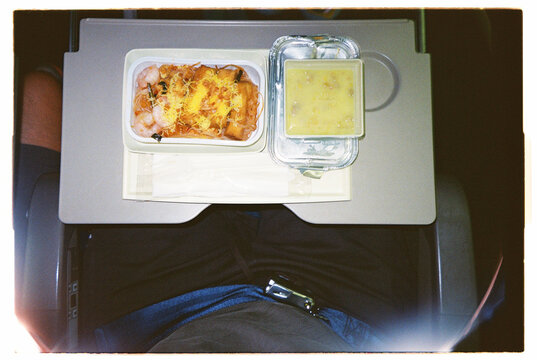 In-flight meal served on a tray during a flight