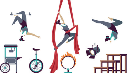 Circus Acrobat Character Element Set with Trapeze Performer Aerial Silks Artist Hand Balancer Unicycle Popcorn Cart and Fire Hoop Vector Illustration © MD SOJIB 