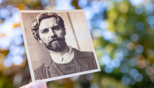 Surreal vintage portrait painting of a bearded man in traditional attire displayed outdoors with blurred natural foliage background creating an eth...