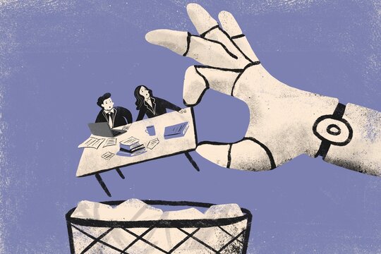 AI robotic hand throwing away working table with office employees 