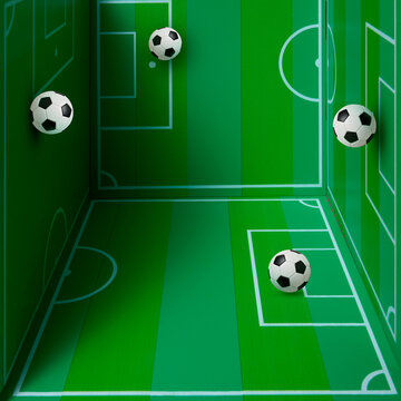 Soccer game fields with floating balls on green field
