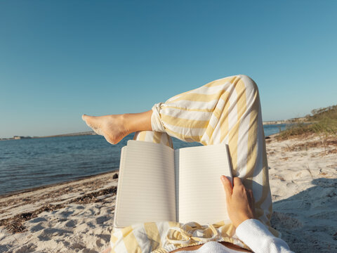Woman with Blank Notebook Summer Beach Outdoors