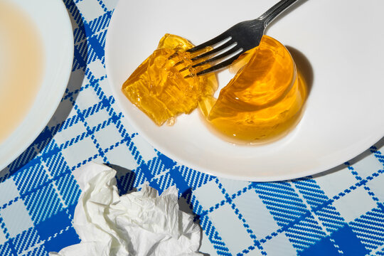 Summer picnic still life with jelly dessert close up on a messy table.